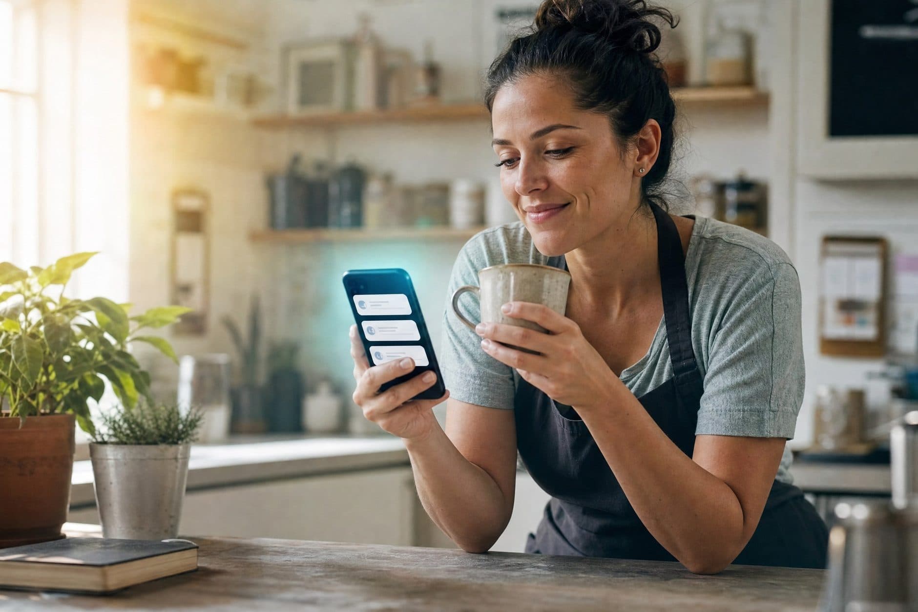 A business owner with morning coffee, reading drafted replies on her phone