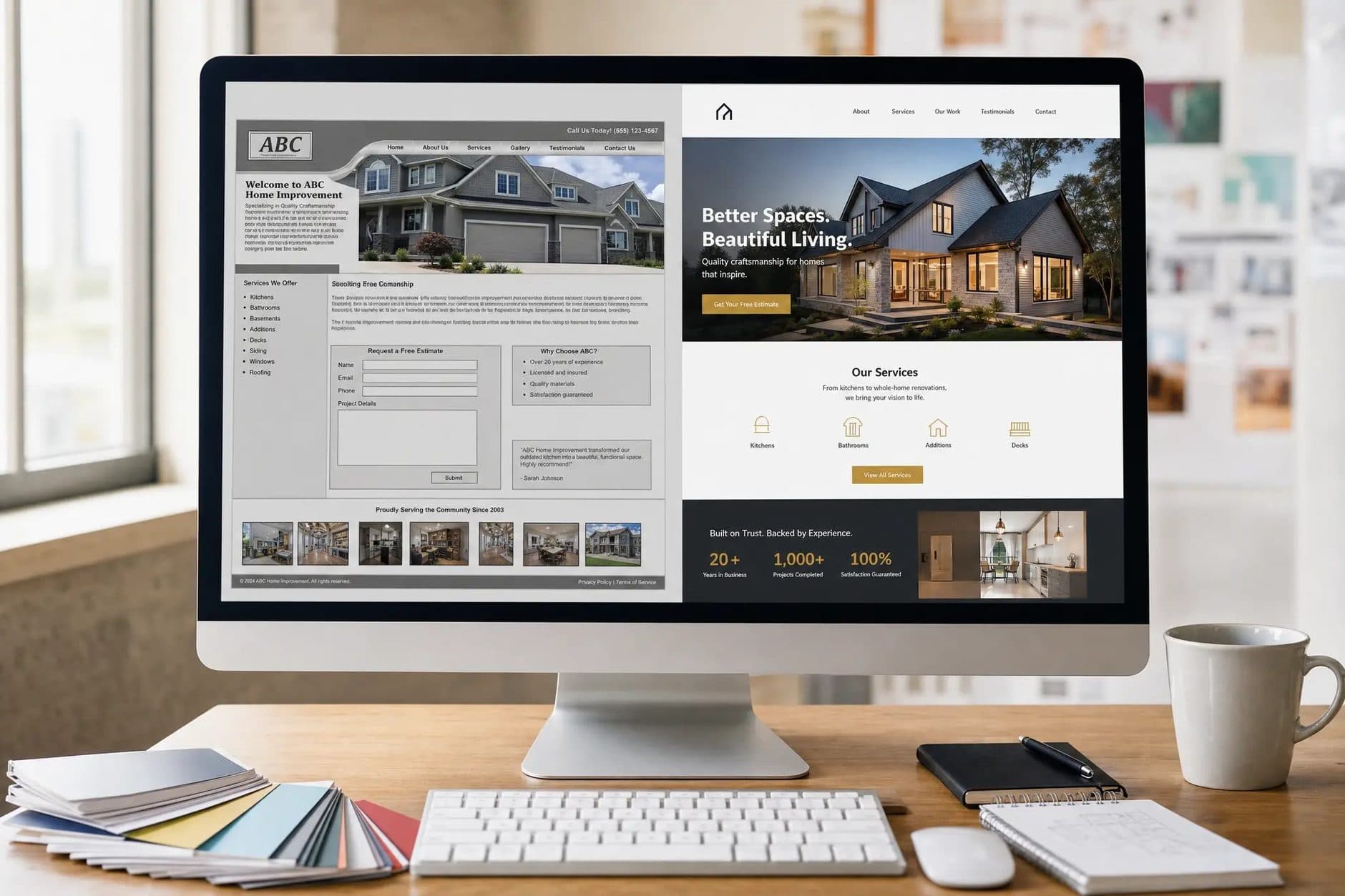 A monitor showing a small-business website redesign in progress
